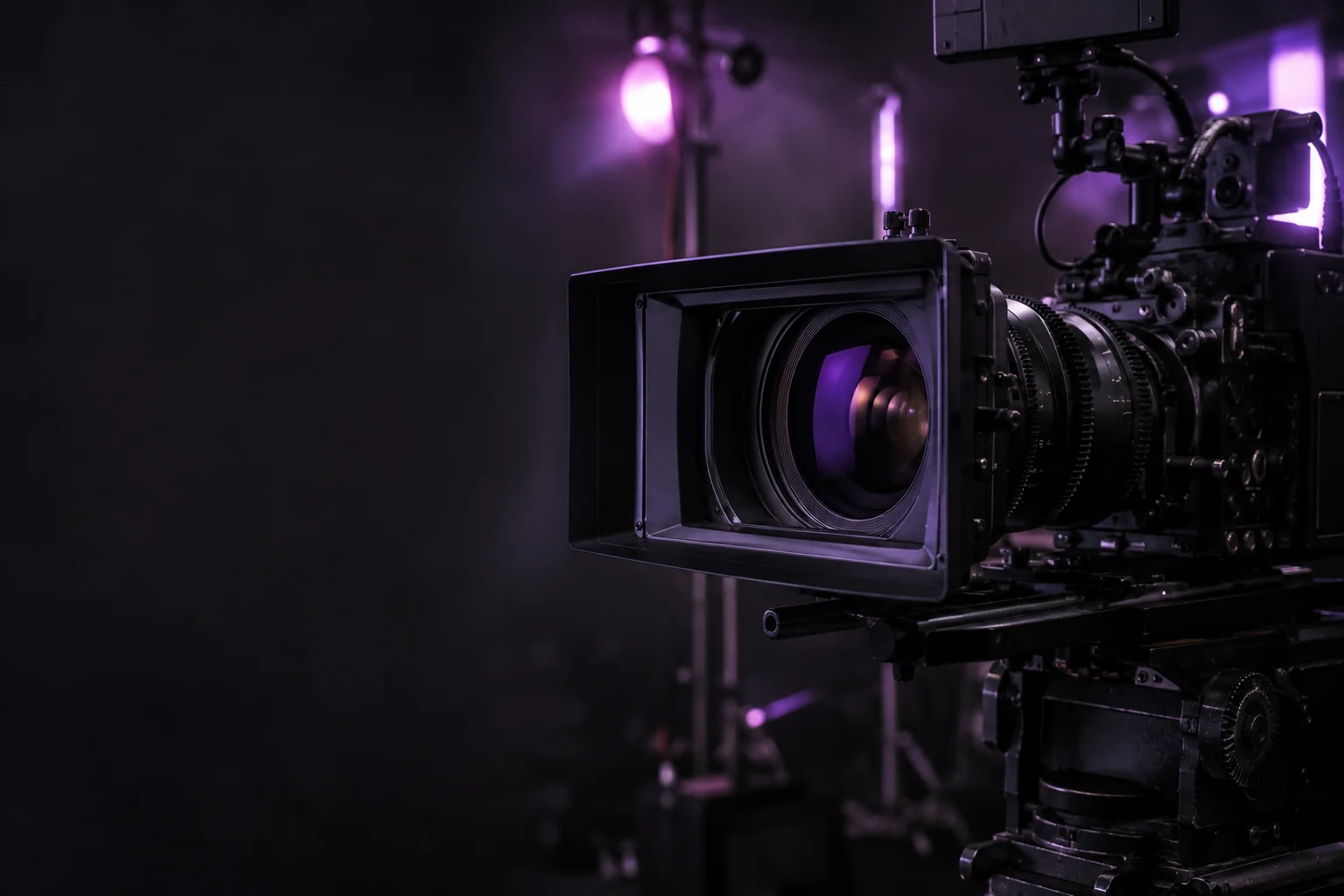 Cinema camera on a softly lit set with violet light